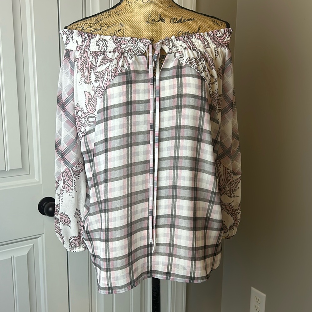 Ann Taylor Loft Off The Shoulder Plaid Blouse xs
